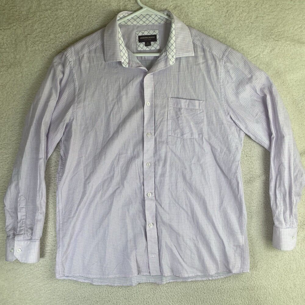 Johnston Murphy Shirt Mens XL Pink Blue Grid Plaid Button Front Long Sleeve